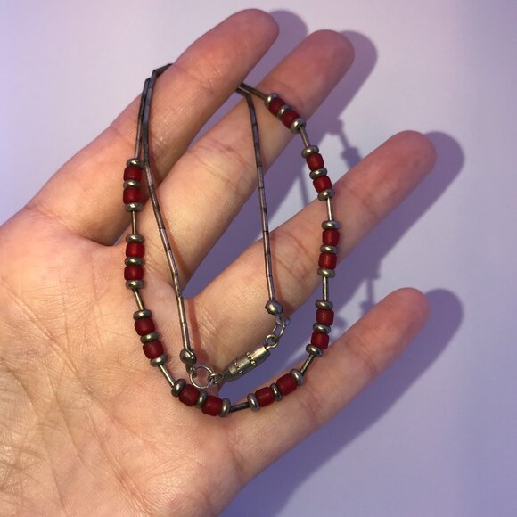 15 1/4" Frosted Orange Red and Silver Beaded Necklace - Picture 4 of 9